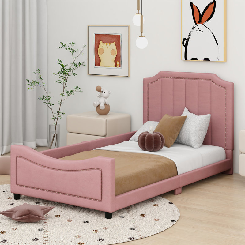 Mifflintown Twin Size Upholstered Panel Bed with Classic Stripe Shaped Headboard Red Barrel Studio Color Pink